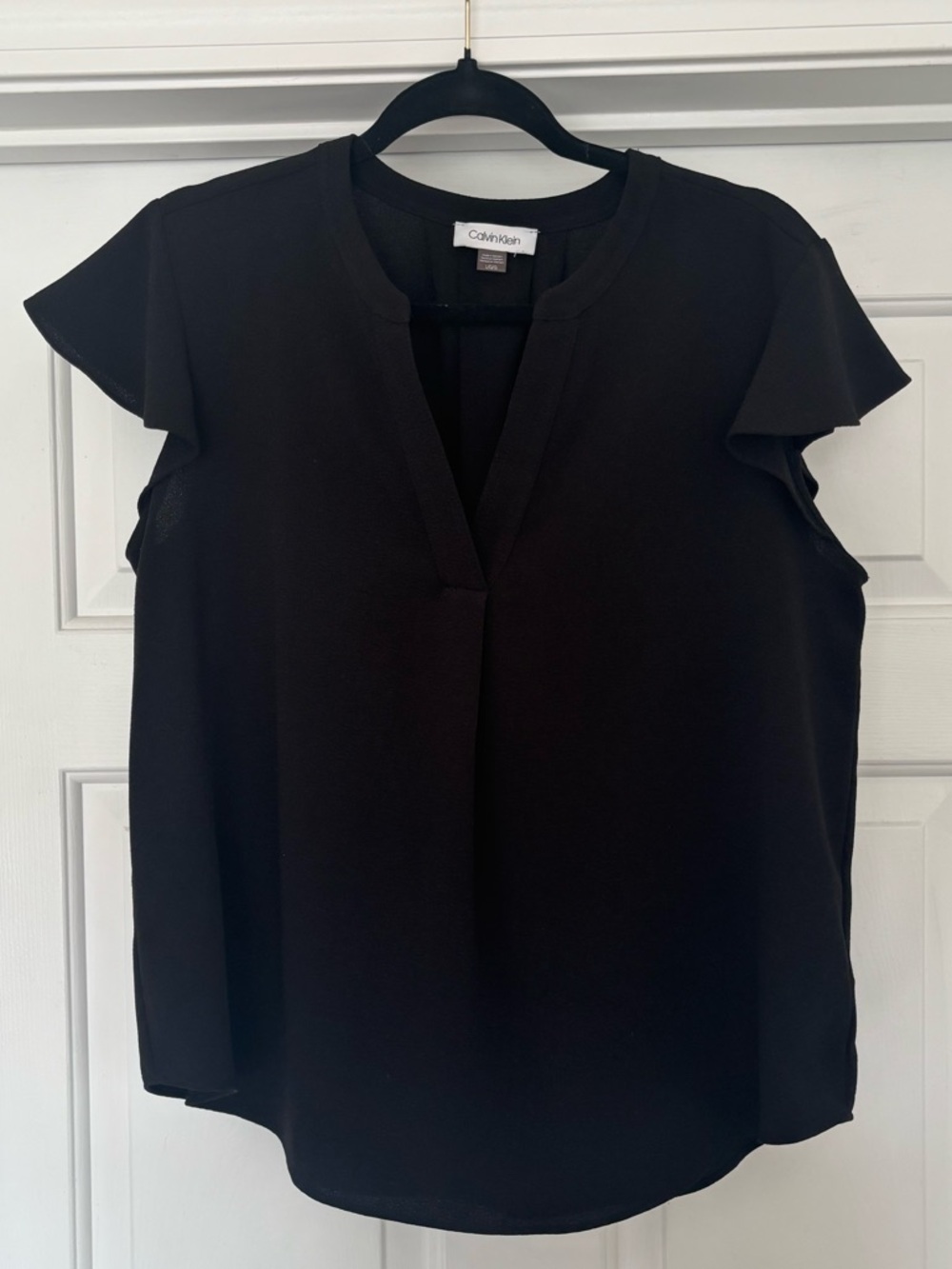 Calvin Klein Black Flutter Sleeve V-Neck Blouse Size L